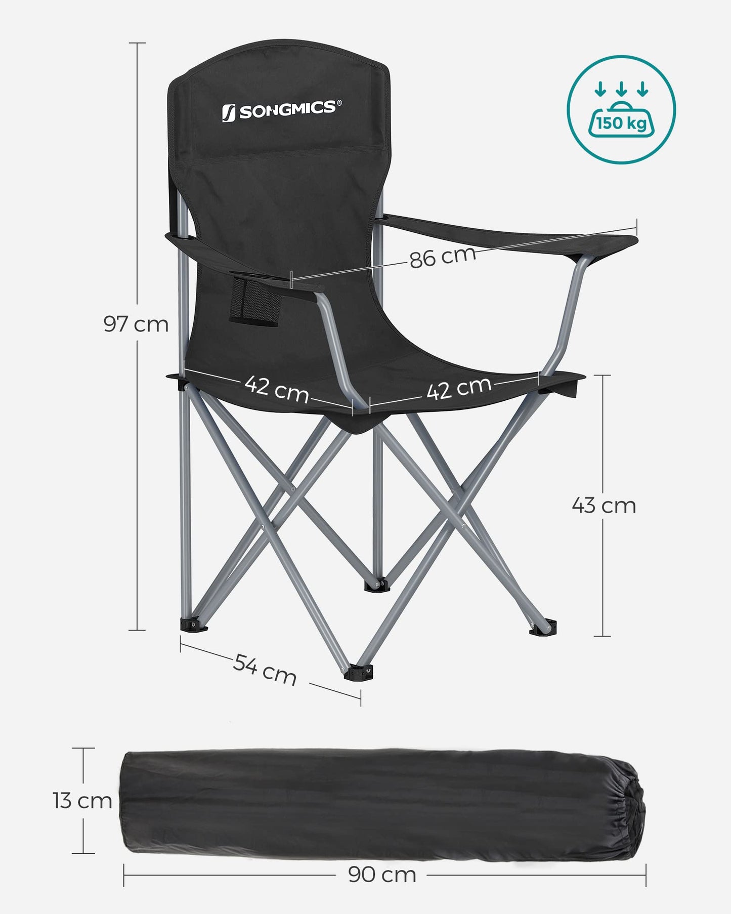 SONGMICS Chaise Pliante Camping, Lot de 2, Chaise de Pêche Extérieur, Dossier Haut, Accoudoir, Porte-gobelet, Portable, Pliable, Capacité 150 kg, Camping, Jardin, Pêche, Terrasse, Noir GCB08BK