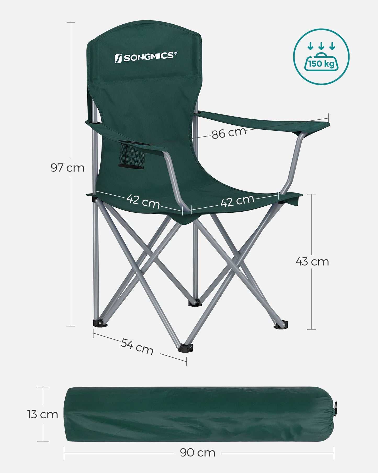 SONGMICS Chaise Pliante Camping, Lot de 2, Chaise de Pêche Extérieur, Dossier Haut, Accoudoir, Porte-gobelet, Portable, Pliable, Capacité 150 kg, Camping, Jardin, Pêche, Terrasse, Noir GCB08BK