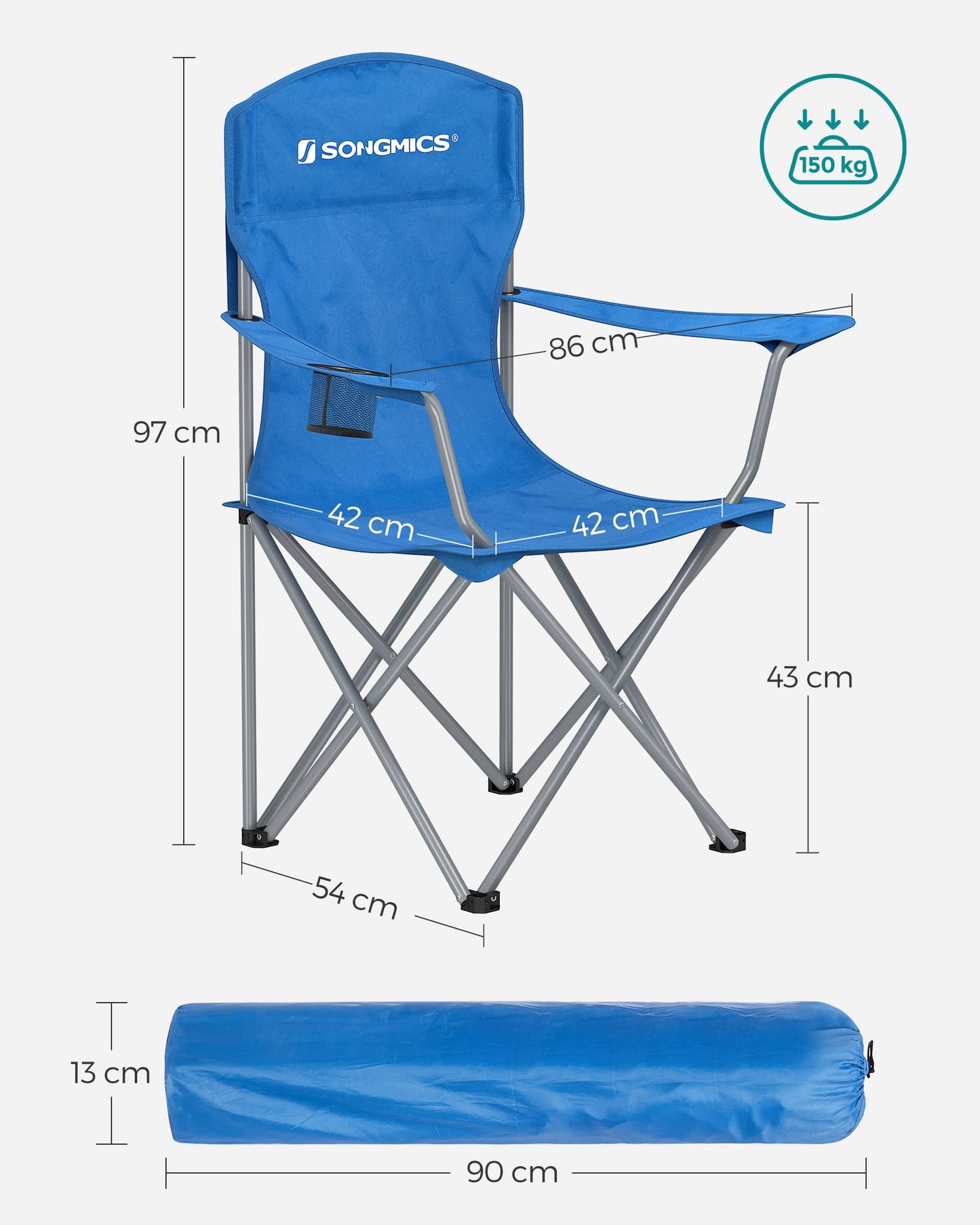 SONGMICS Chaise Pliante Camping, Lot de 2, Chaise de Pêche Extérieur, Dossier Haut, Accoudoir, Porte-gobelet, Portable, Pliable, Capacité 150 kg, Camping, Jardin, Pêche, Terrasse, Noir GCB08BK