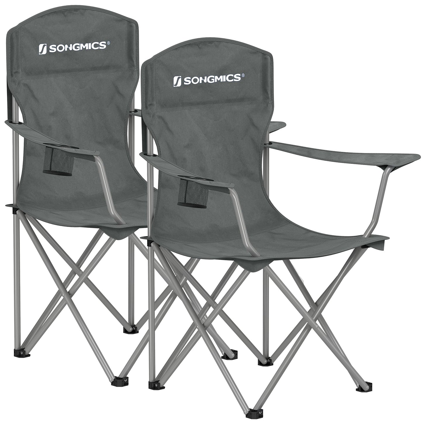 SONGMICS Chaise Pliante Camping, Lot de 2, Chaise de Pêche Extérieur, Dossier Haut, Accoudoir, Porte-gobelet, Portable, Pliable, Capacité 150 kg, Camping, Jardin, Pêche, Terrasse, Noir GCB08BK