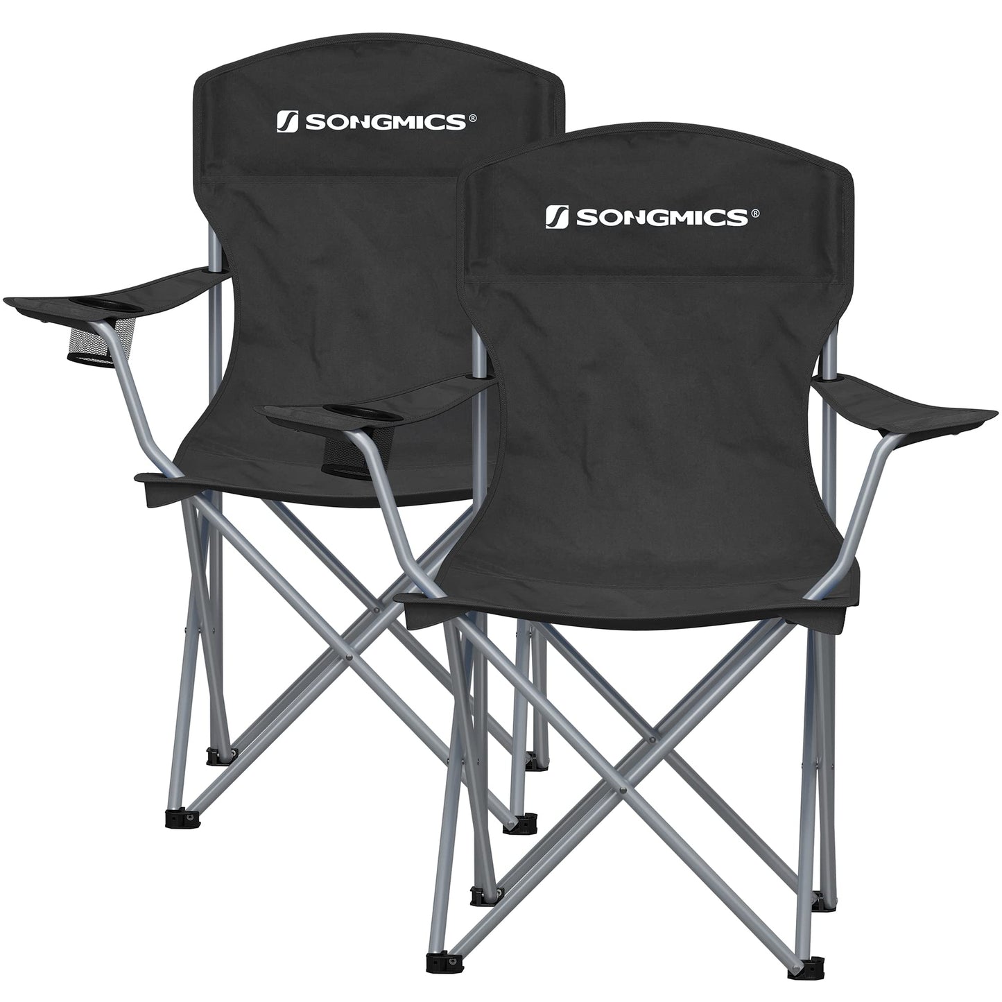 SONGMICS Chaise Pliante Camping, Lot de 2, Chaise de Pêche Extérieur, Dossier Haut, Accoudoir, Porte-gobelet, Portable, Pliable, Capacité 150 kg, Camping, Jardin, Pêche, Terrasse, Noir GCB08BK