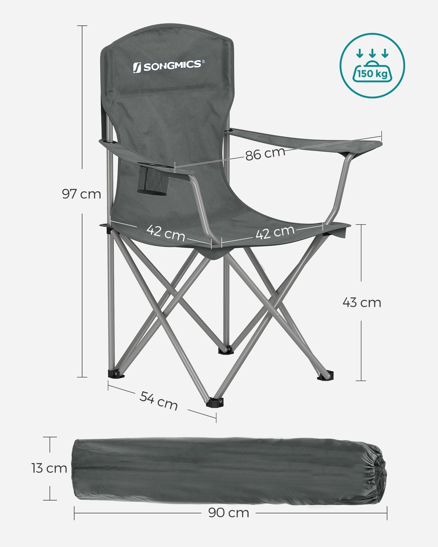SONGMICS Chaise Pliante Camping, Lot de 2, Chaise de Pêche Extérieur, Dossier Haut, Accoudoir, Porte-gobelet, Portable, Pliable, Capacité 150 kg, Camping, Jardin, Pêche, Terrasse, Noir GCB08BK