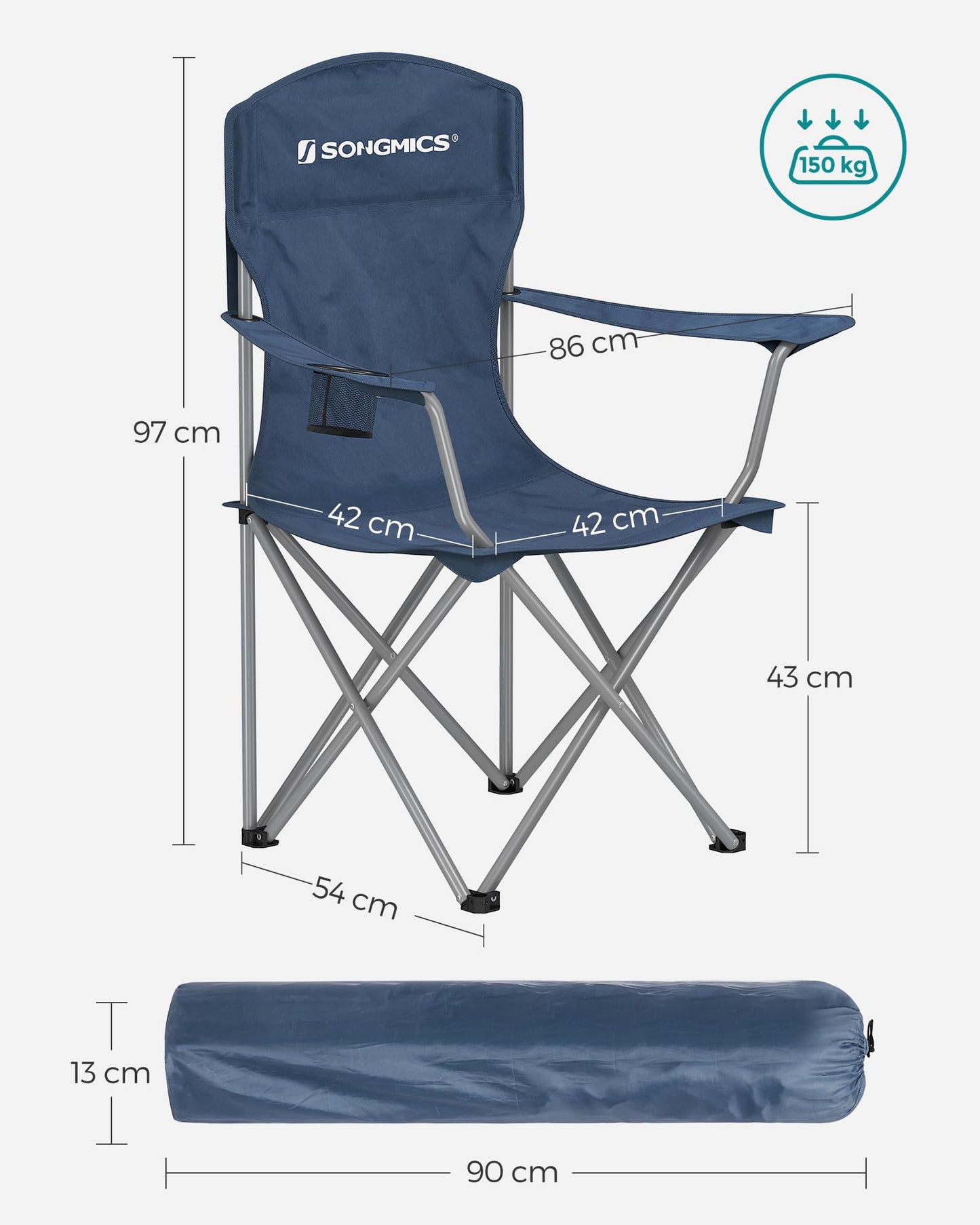 SONGMICS Chaise Pliante Camping, Lot de 2, Chaise de Pêche Extérieur, Dossier Haut, Accoudoir, Porte-gobelet, Portable, Pliable, Capacité 150 kg, Camping, Jardin, Pêche, Terrasse, Noir GCB08BK