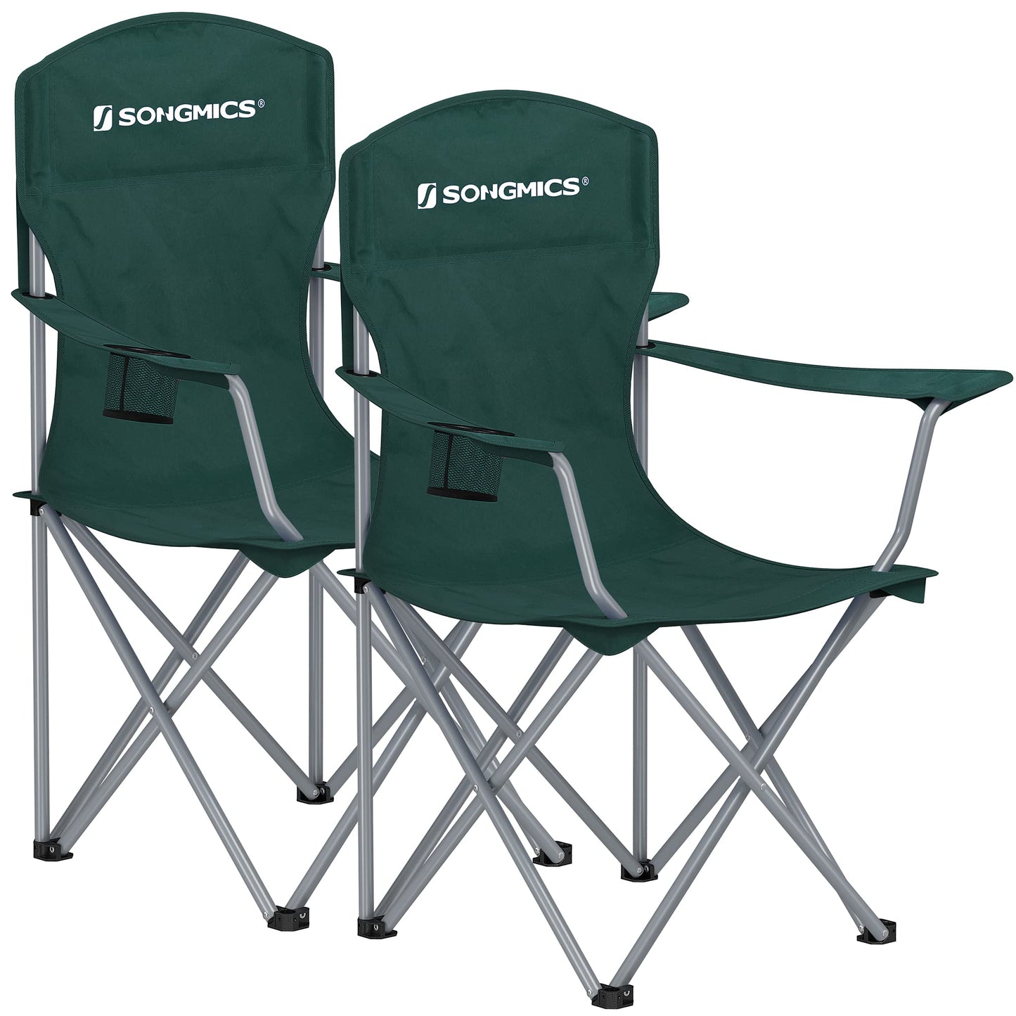 SONGMICS Chaise Pliante Camping, Lot de 2, Chaise de Pêche Extérieur, Dossier Haut, Accoudoir, Porte-gobelet, Portable, Pliable, Capacité 150 kg, Camping, Jardin, Pêche, Terrasse, Noir GCB08BK
