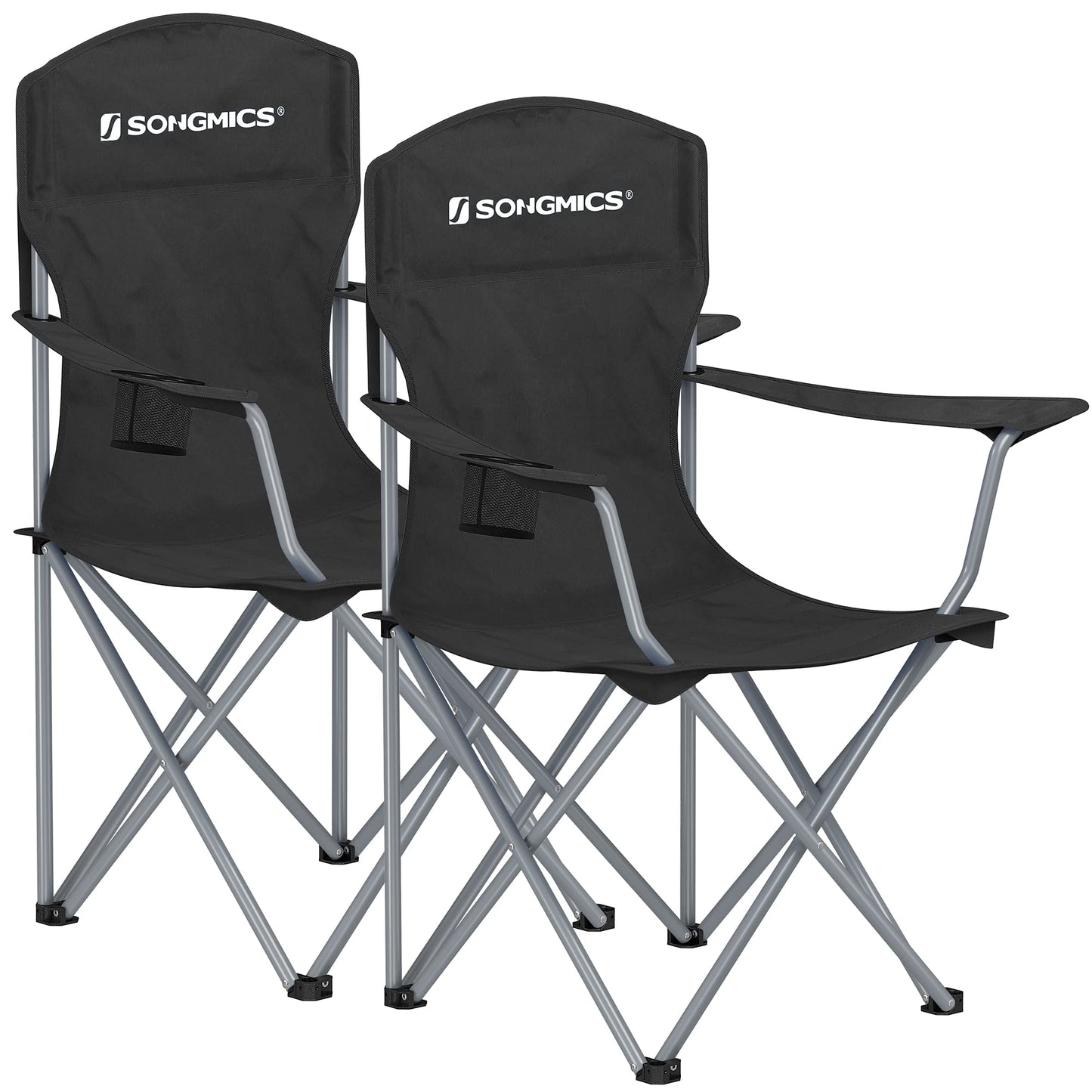 SONGMICS Chaise Pliante Camping, Lot de 2, Chaise de Pêche Extérieur, Dossier Haut, Accoudoir, Porte-gobelet, Portable, Pliable, Capacité 150 kg, Camping, Jardin, Pêche, Terrasse, Noir GCB08BK