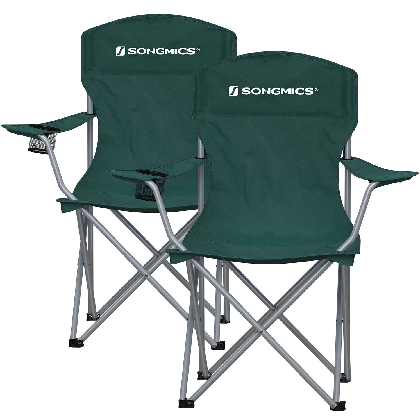 SONGMICS Chaise Pliante Camping, Lot de 2, Chaise de Pêche Extérieur, Dossier Haut, Accoudoir, Porte-gobelet, Portable, Pliable, Capacité 150 kg, Camping, Jardin, Pêche, Terrasse, Noir GCB08BK