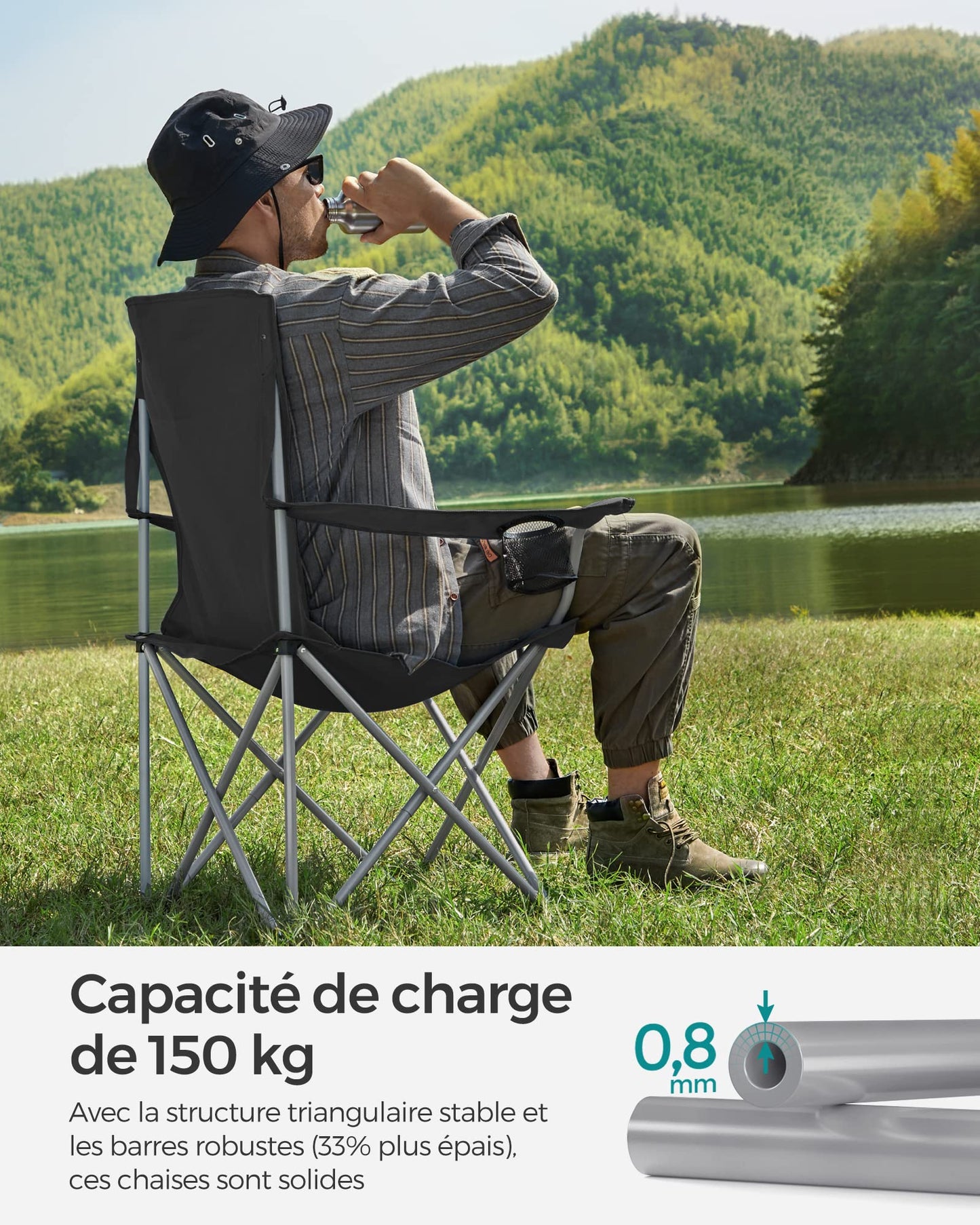 SONGMICS Chaise Pliante Camping, Lot de 2, Chaise de Pêche Extérieur, Dossier Haut, Accoudoir, Porte-gobelet, Portable, Pliable, Capacité 150 kg, Camping, Jardin, Pêche, Terrasse, Noir GCB08BK