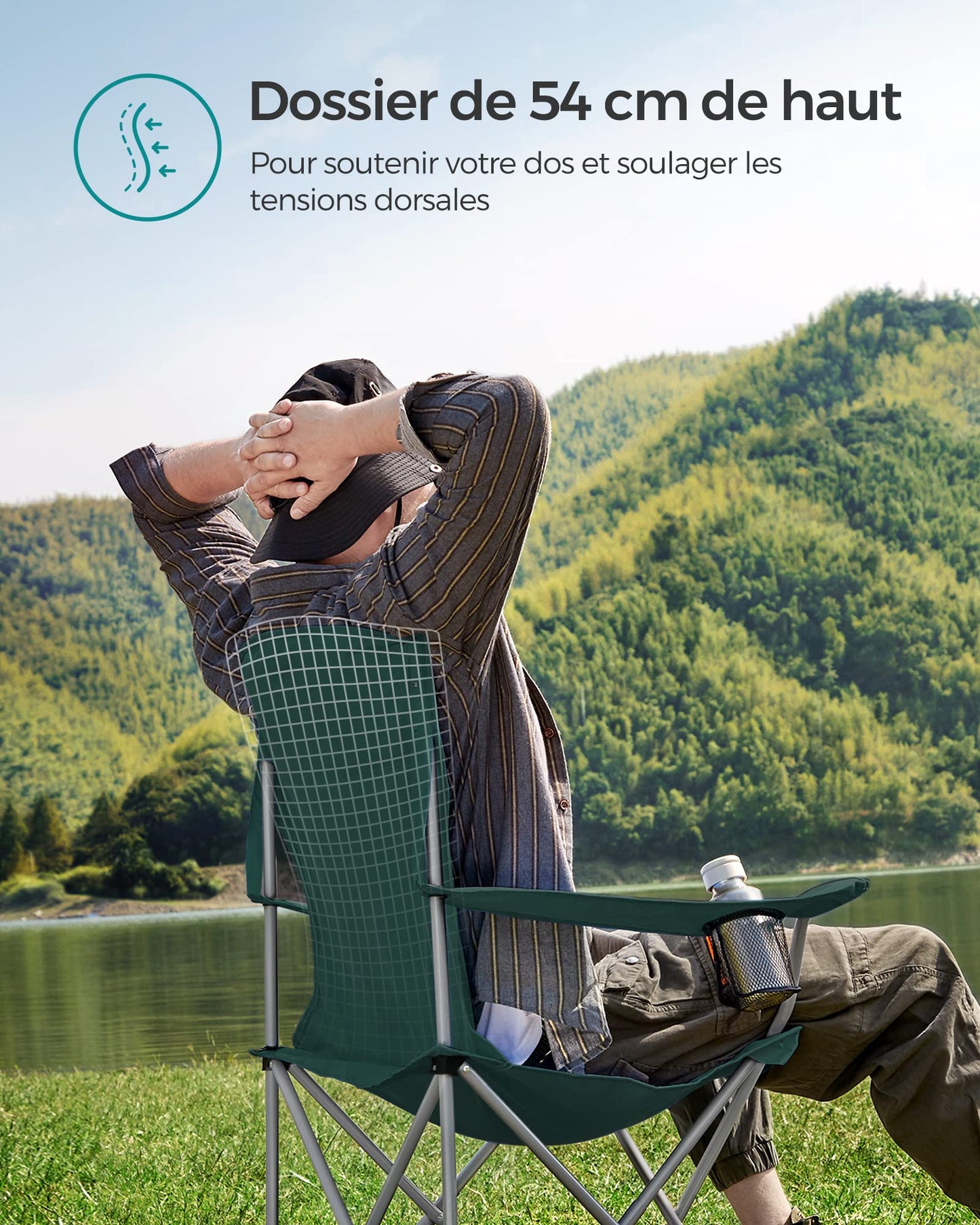 SONGMICS Chaise Pliante Camping, Lot de 2, Chaise de Pêche Extérieur, Dossier Haut, Accoudoir, Porte-gobelet, Portable, Pliable, Capacité 150 kg, Camping, Jardin, Pêche, Terrasse, Noir GCB08BK