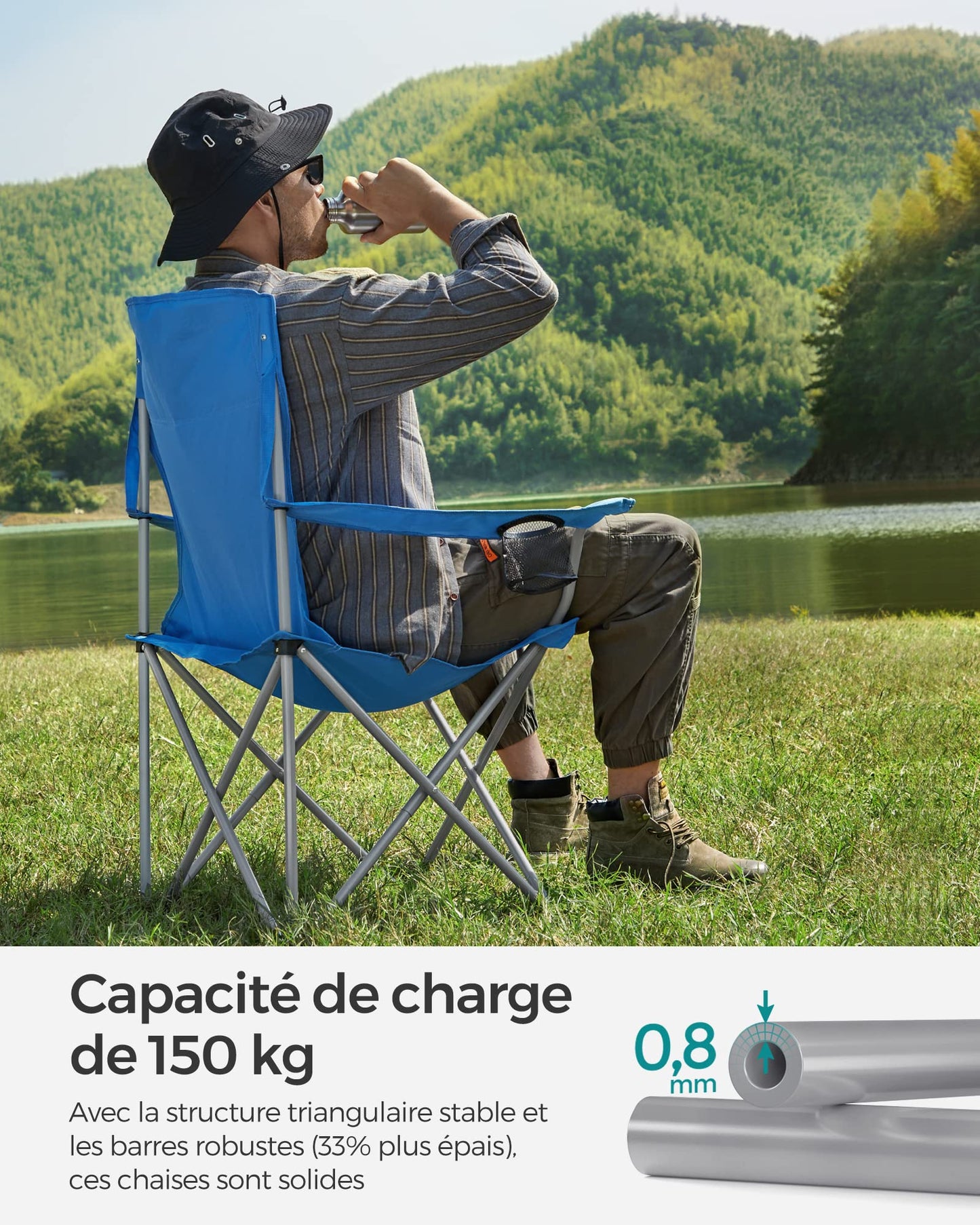 SONGMICS Chaise Pliante Camping, Lot de 2, Chaise de Pêche Extérieur, Dossier Haut, Accoudoir, Porte-gobelet, Portable, Pliable, Capacité 150 kg, Camping, Jardin, Pêche, Terrasse, Noir GCB08BK