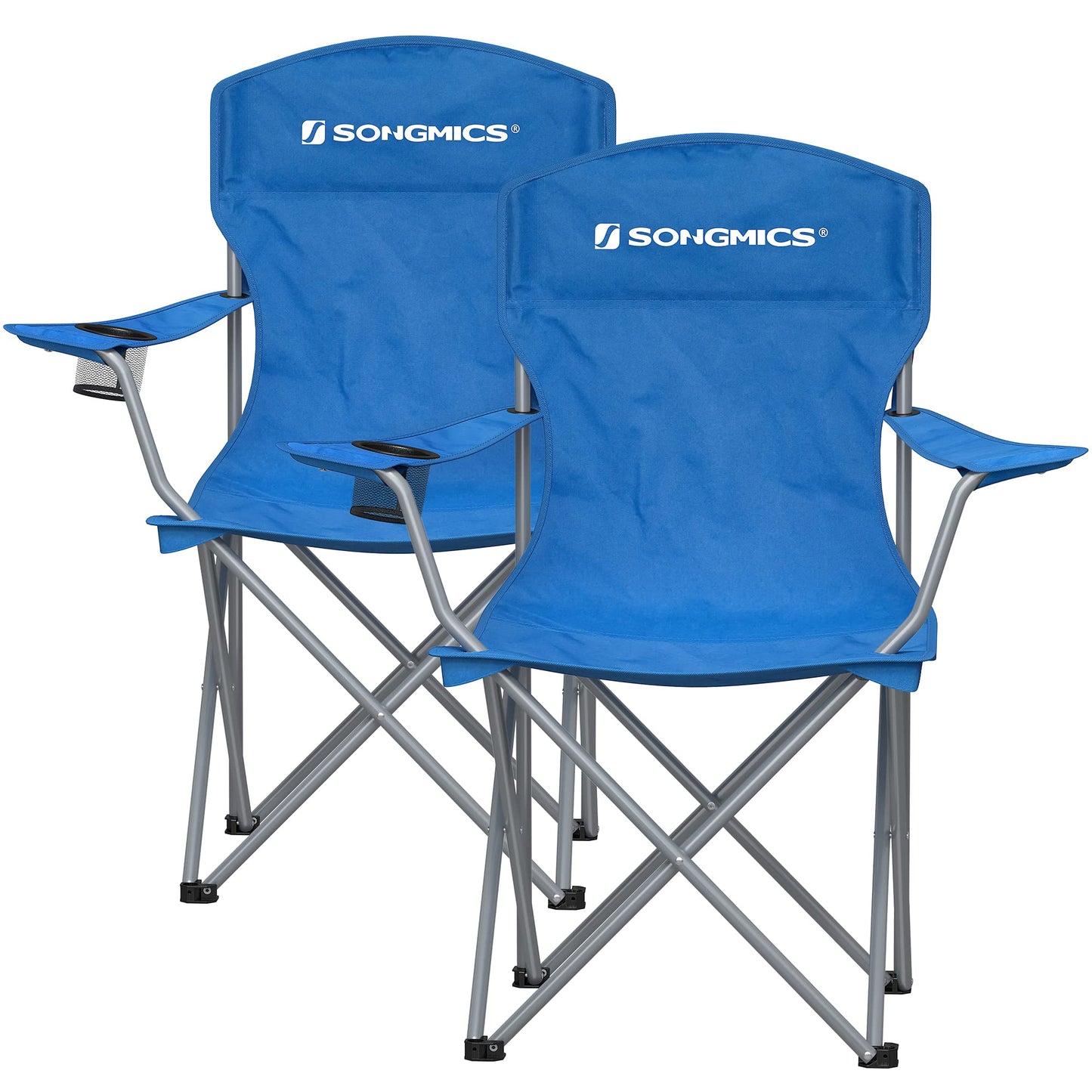 SONGMICS Chaise Pliante Camping, Lot de 2, Chaise de Pêche Extérieur, Dossier Haut, Accoudoir, Porte-gobelet, Portable, Pliable, Capacité 150 kg, Camping, Jardin, Pêche, Terrasse, Noir GCB08BK