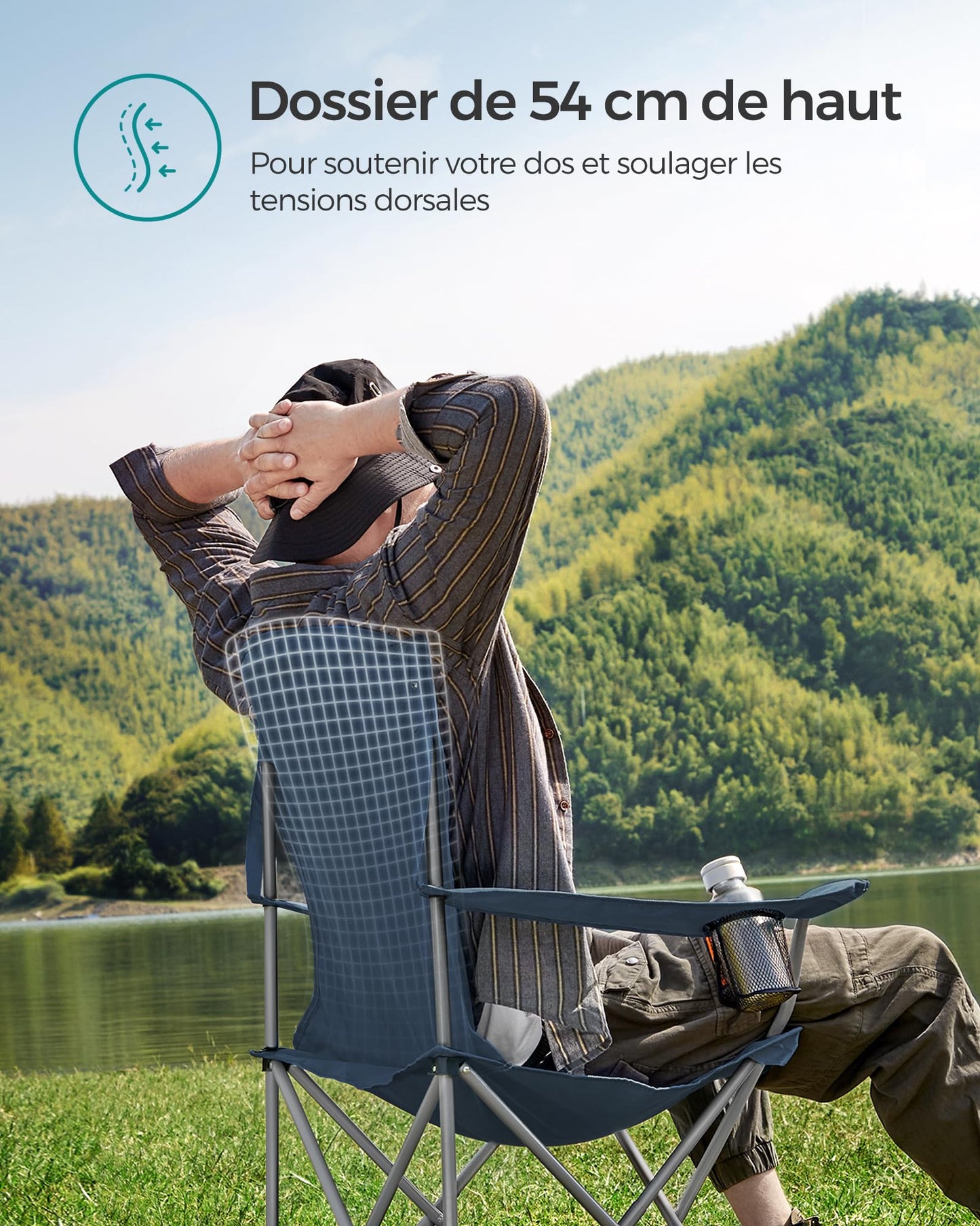 SONGMICS Chaise Pliante Camping, Lot de 2, Chaise de Pêche Extérieur, Dossier Haut, Accoudoir, Porte-gobelet, Portable, Pliable, Capacité 150 kg, Camping, Jardin, Pêche, Terrasse, Noir GCB08BK