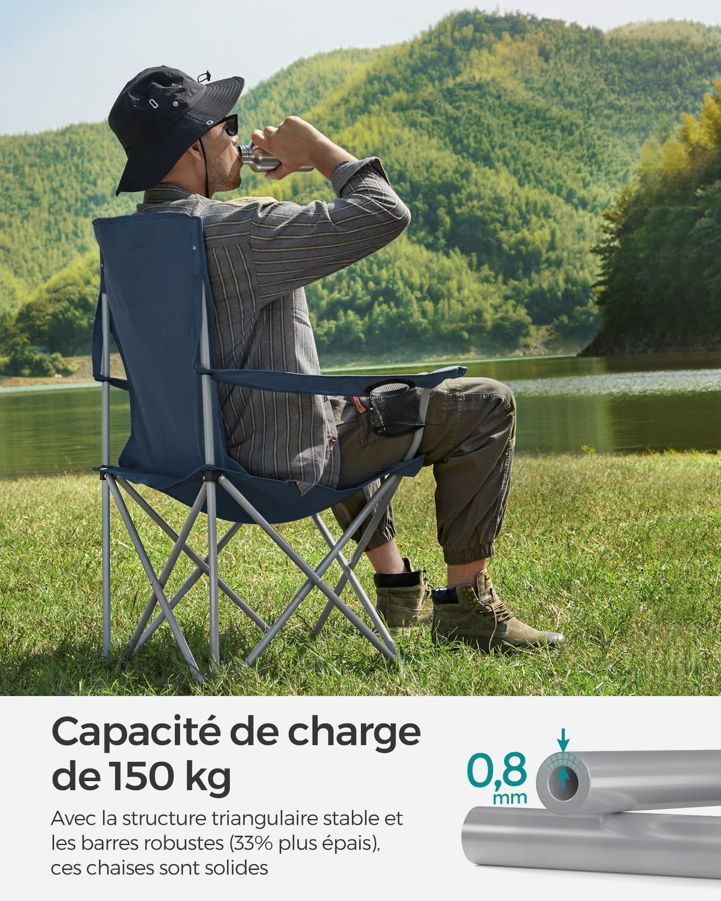 SONGMICS Chaise Pliante Camping, Lot de 2, Chaise de Pêche Extérieur, Dossier Haut, Accoudoir, Porte-gobelet, Portable, Pliable, Capacité 150 kg, Camping, Jardin, Pêche, Terrasse, Noir GCB08BK