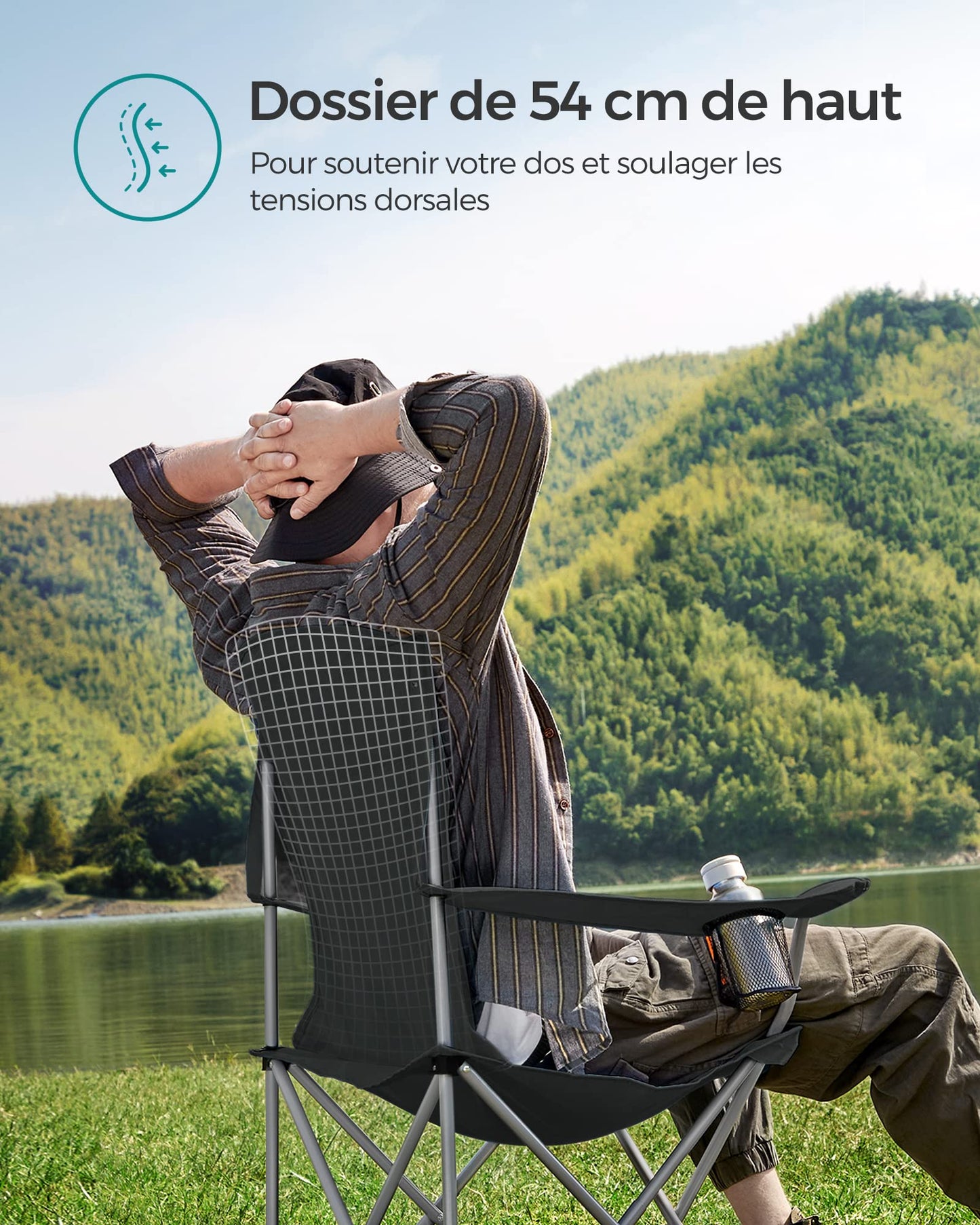 SONGMICS Chaise Pliante Camping, Lot de 2, Chaise de Pêche Extérieur, Dossier Haut, Accoudoir, Porte-gobelet, Portable, Pliable, Capacité 150 kg, Camping, Jardin, Pêche, Terrasse, Noir GCB08BK