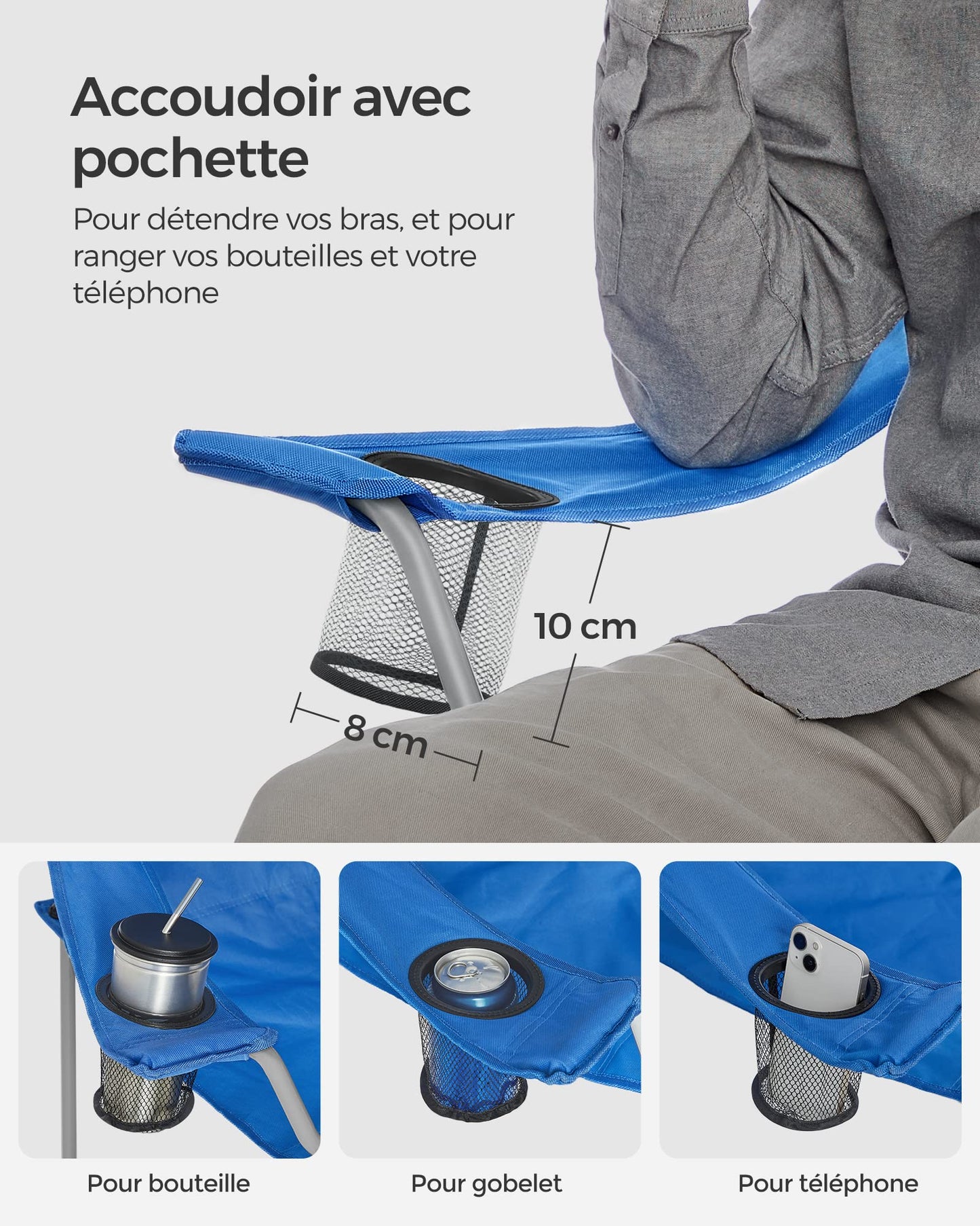 SONGMICS Chaise Pliante Camping, Lot de 2, Chaise de Pêche Extérieur, Dossier Haut, Accoudoir, Porte-gobelet, Portable, Pliable, Capacité 150 kg, Camping, Jardin, Pêche, Terrasse, Noir GCB08BK