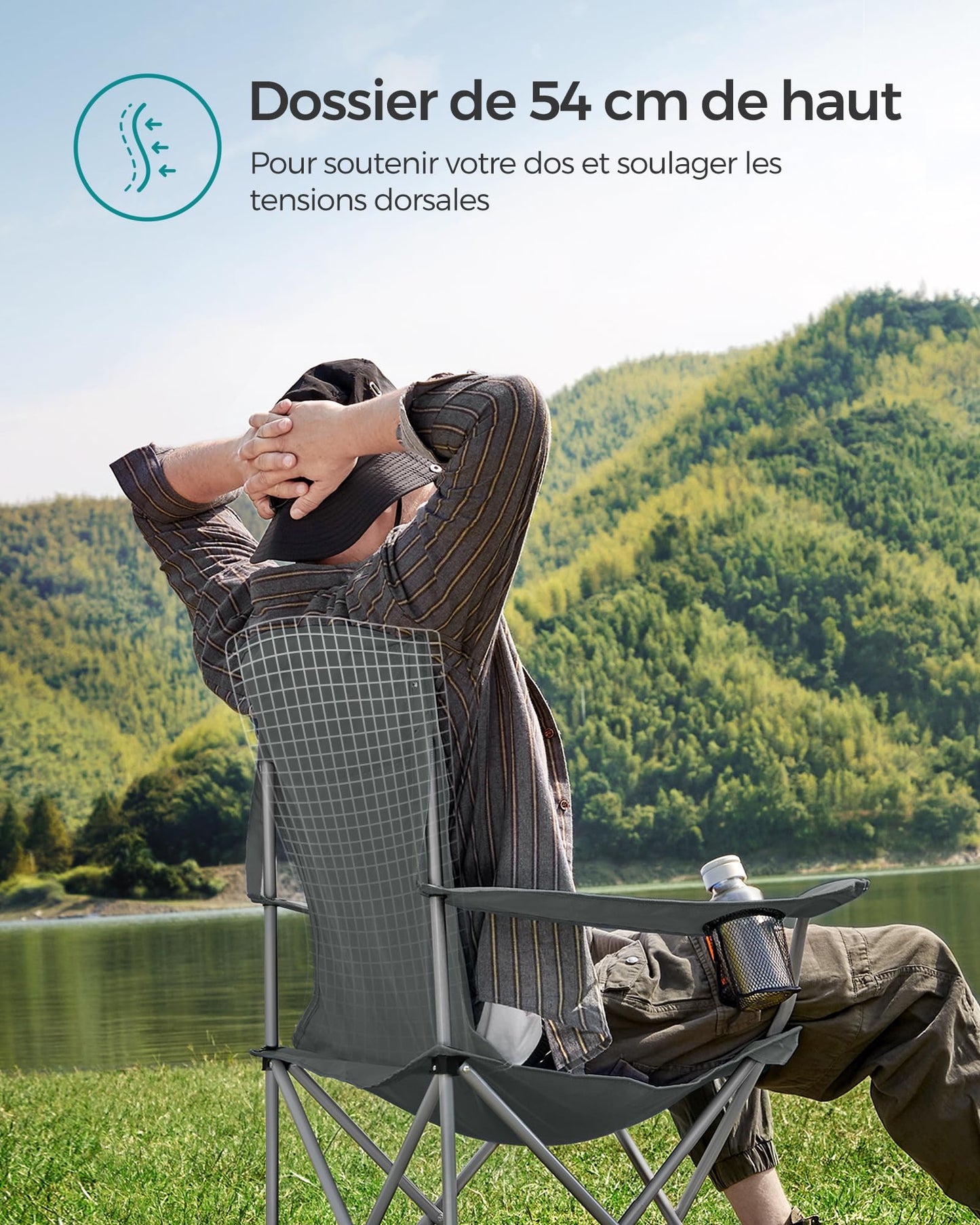 SONGMICS Chaise Pliante Camping, Lot de 2, Chaise de Pêche Extérieur, Dossier Haut, Accoudoir, Porte-gobelet, Portable, Pliable, Capacité 150 kg, Camping, Jardin, Pêche, Terrasse, Noir GCB08BK