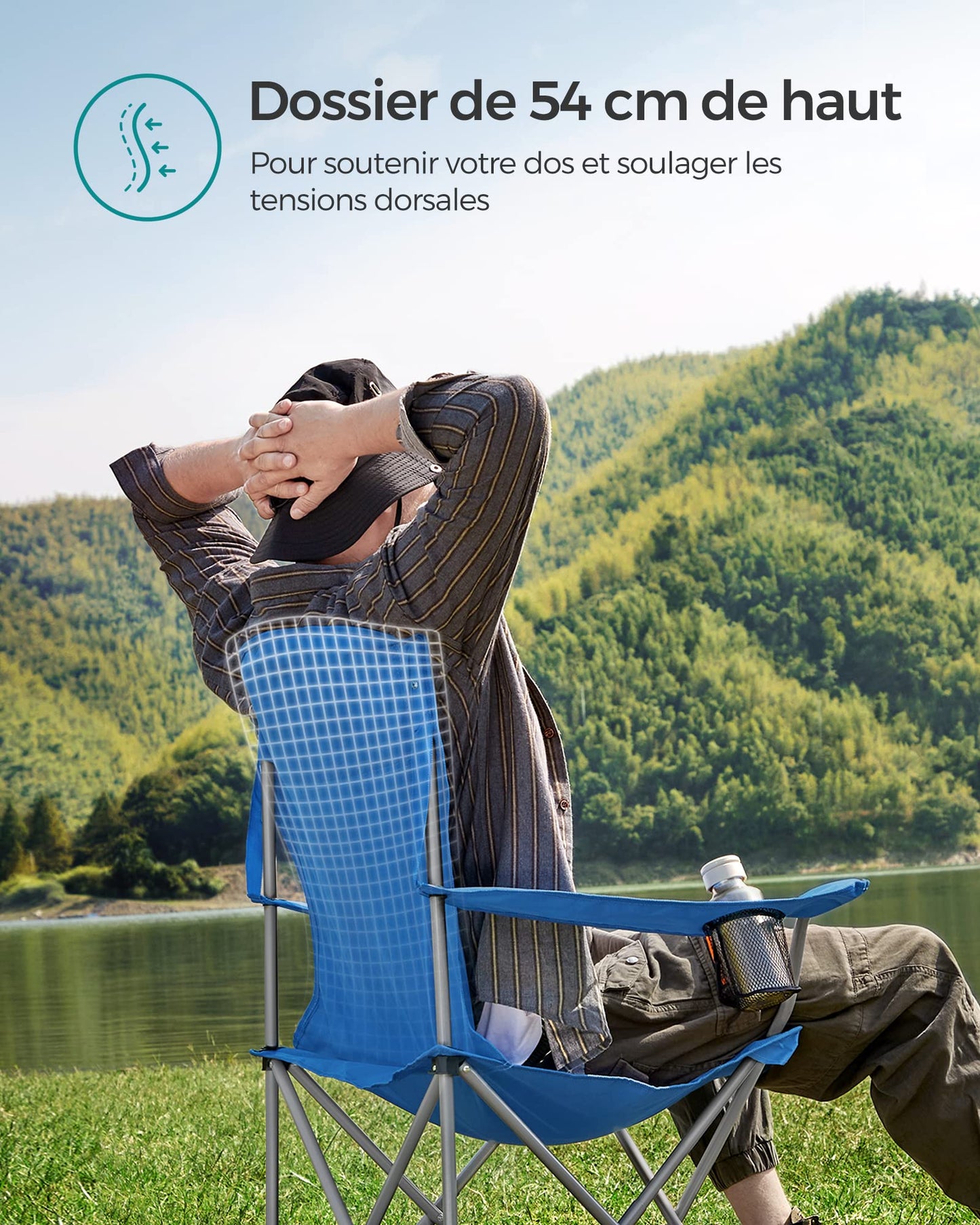 SONGMICS Chaise Pliante Camping, Lot de 2, Chaise de Pêche Extérieur, Dossier Haut, Accoudoir, Porte-gobelet, Portable, Pliable, Capacité 150 kg, Camping, Jardin, Pêche, Terrasse, Noir GCB08BK