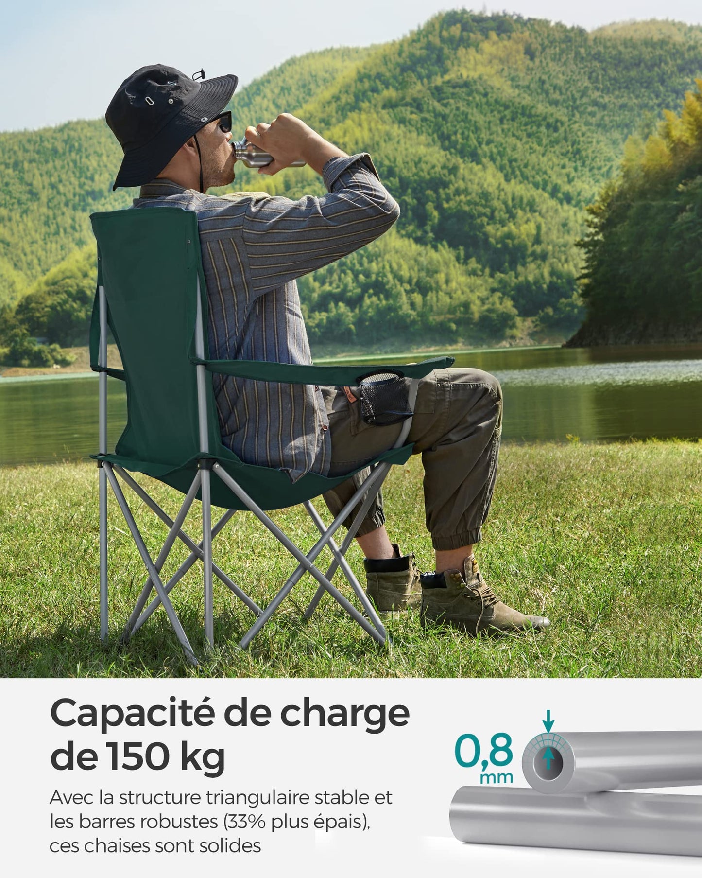 SONGMICS Chaise Pliante Camping, Lot de 2, Chaise de Pêche Extérieur, Dossier Haut, Accoudoir, Porte-gobelet, Portable, Pliable, Capacité 150 kg, Camping, Jardin, Pêche, Terrasse, Noir GCB08BK