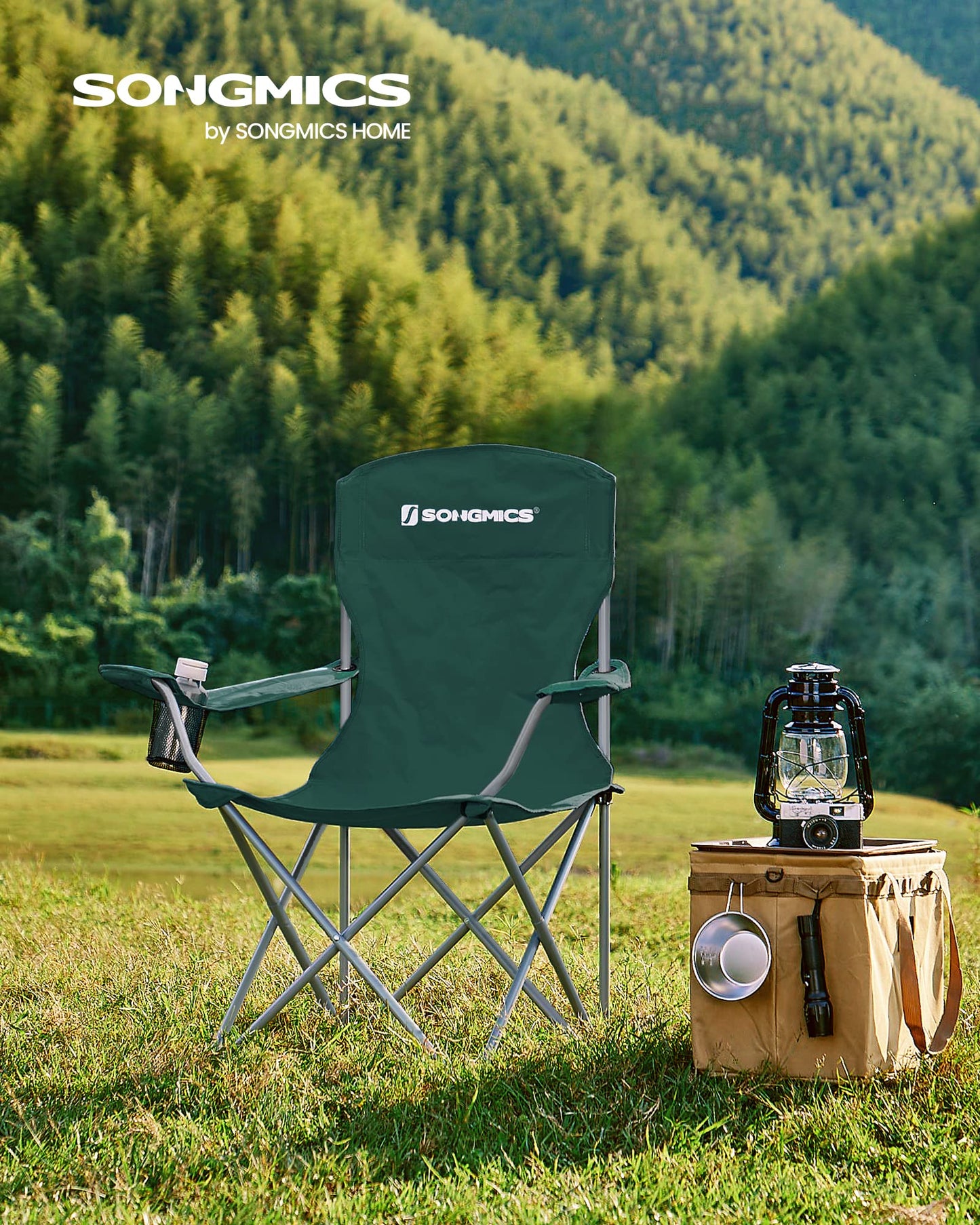 SONGMICS Chaise Pliante Camping, Lot de 2, Chaise de Pêche Extérieur, Dossier Haut, Accoudoir, Porte-gobelet, Portable, Pliable, Capacité 150 kg, Camping, Jardin, Pêche, Terrasse, Noir GCB08BK