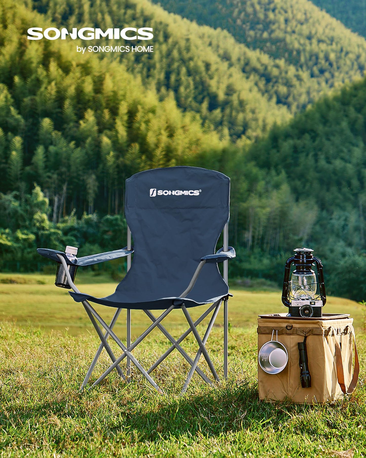 SONGMICS Chaise Pliante Camping, Lot de 2, Chaise de Pêche Extérieur, Dossier Haut, Accoudoir, Porte-gobelet, Portable, Pliable, Capacité 150 kg, Camping, Jardin, Pêche, Terrasse, Noir GCB08BK