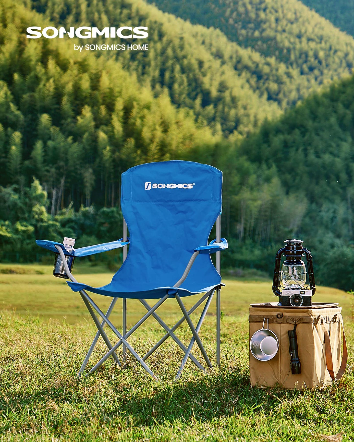 SONGMICS Chaise Pliante Camping, Lot de 2, Chaise de Pêche Extérieur, Dossier Haut, Accoudoir, Porte-gobelet, Portable, Pliable, Capacité 150 kg, Camping, Jardin, Pêche, Terrasse, Noir GCB08BK