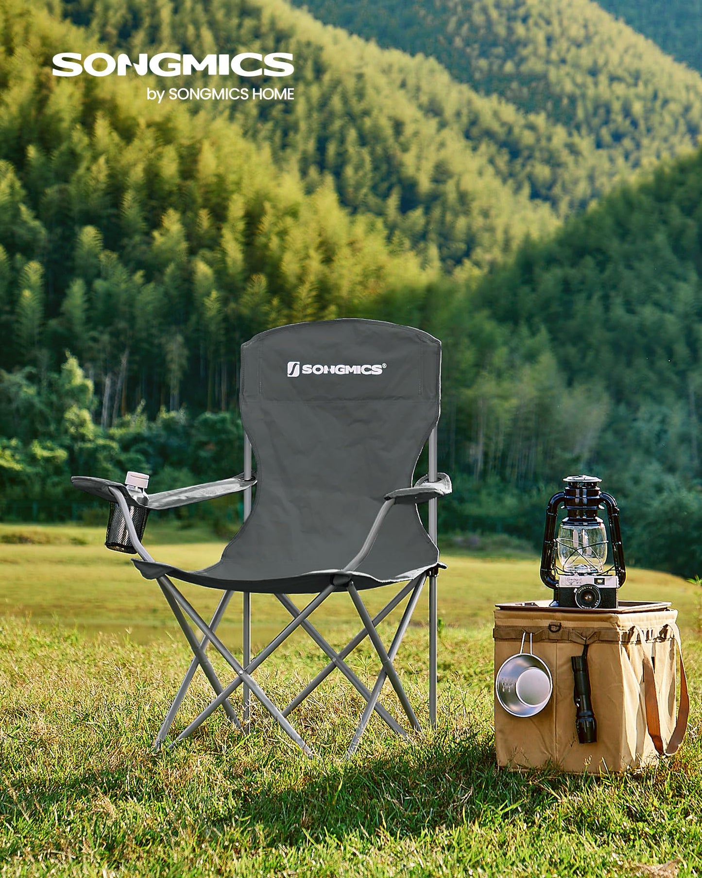SONGMICS Chaise Pliante Camping, Lot de 2, Chaise de Pêche Extérieur, Dossier Haut, Accoudoir, Porte-gobelet, Portable, Pliable, Capacité 150 kg, Camping, Jardin, Pêche, Terrasse, Noir GCB08BK