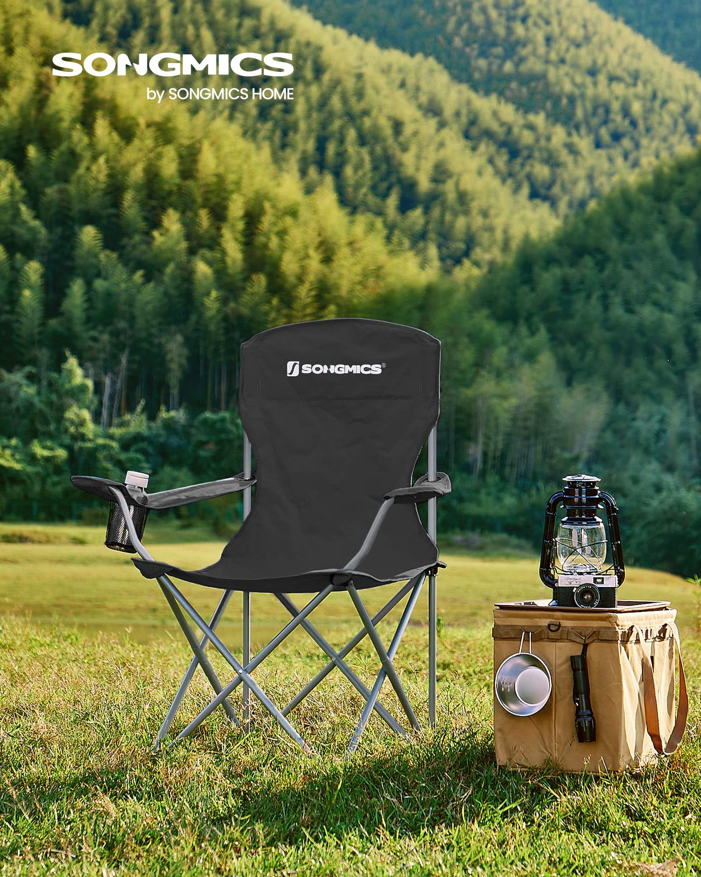 SONGMICS Chaise Pliante Camping, Lot de 2, Chaise de Pêche Extérieur, Dossier Haut, Accoudoir, Porte-gobelet, Portable, Pliable, Capacité 150 kg, Camping, Jardin, Pêche, Terrasse, Noir GCB08BK
