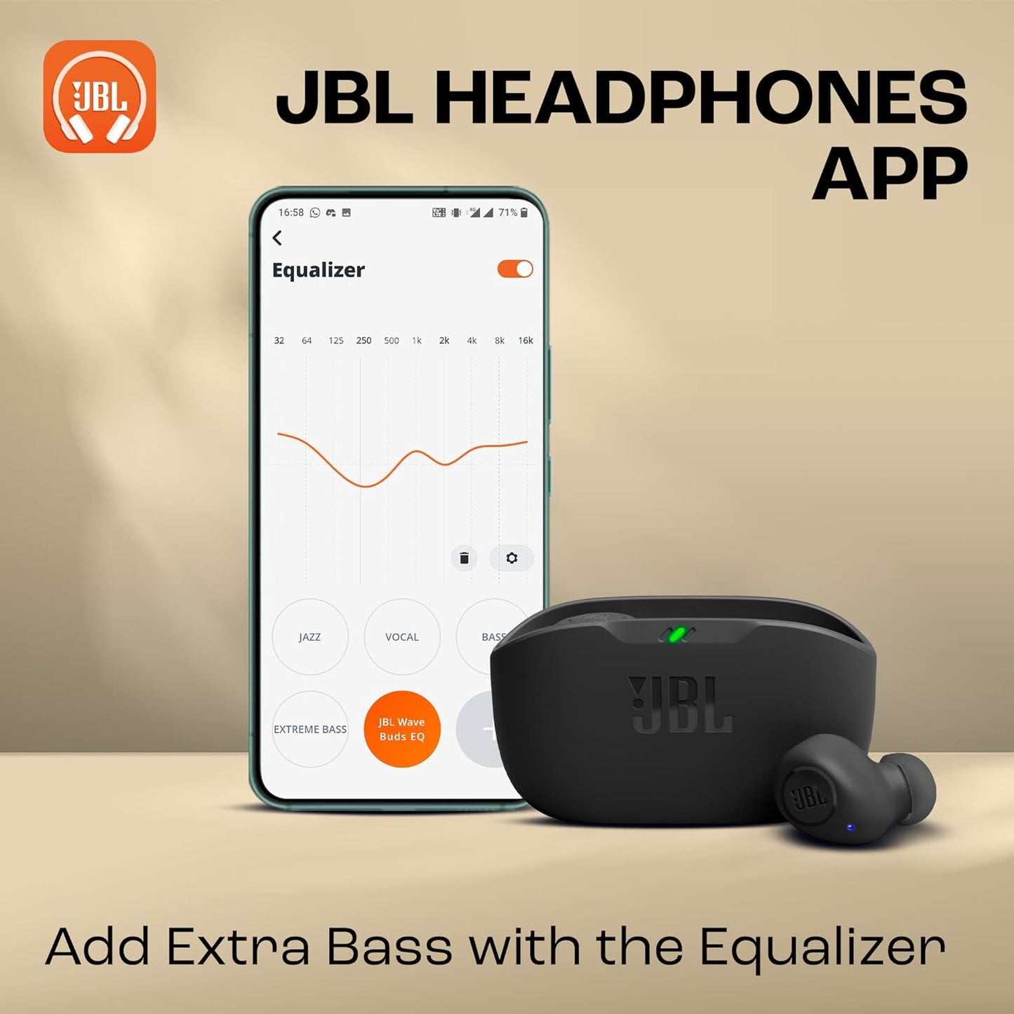 JBL Wave Buds Écouteurs Intra-Auriculaires sans Fil, Résistance à l'Eau IP54 et IPX2, Basses Puissantes et Batterie à Autonomie de 32 heures, en Noir